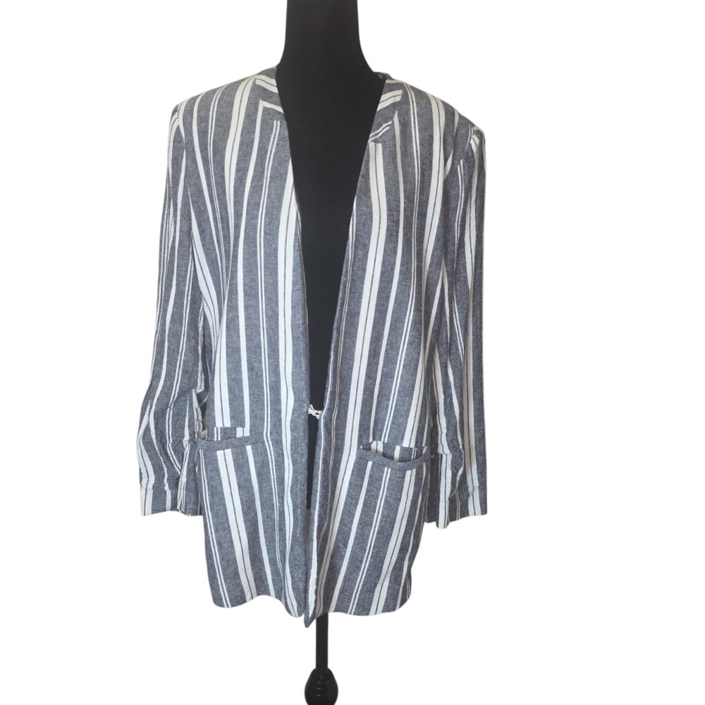 Gibson Latimer Womens XL Gray White Striped Linen Blend Open Front Blazer